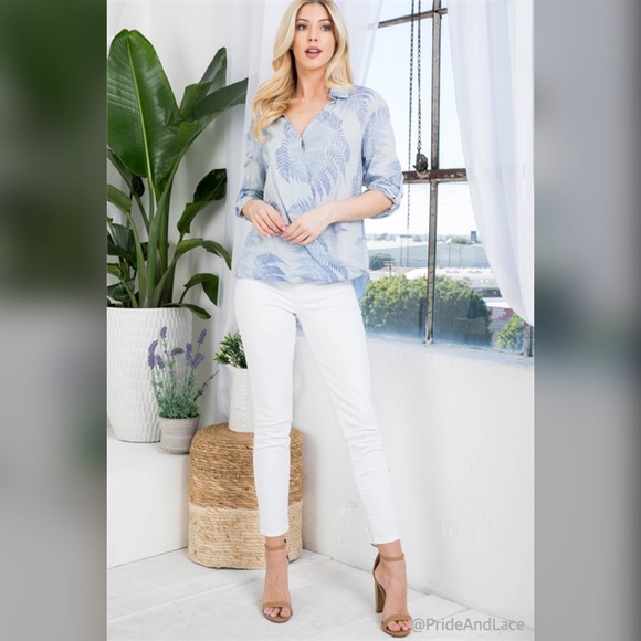 BLUE TROPICAL PRINT SURPLICE ROLL UP SLEEVE - Picture 5 of 6